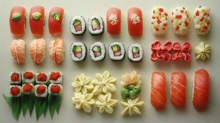 Overhead shot of assorted sushi arranged on a white surface.