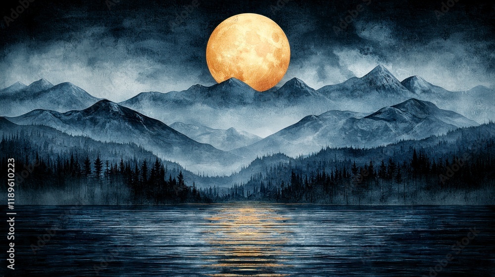 Poster Misty mountains, moon, lake.