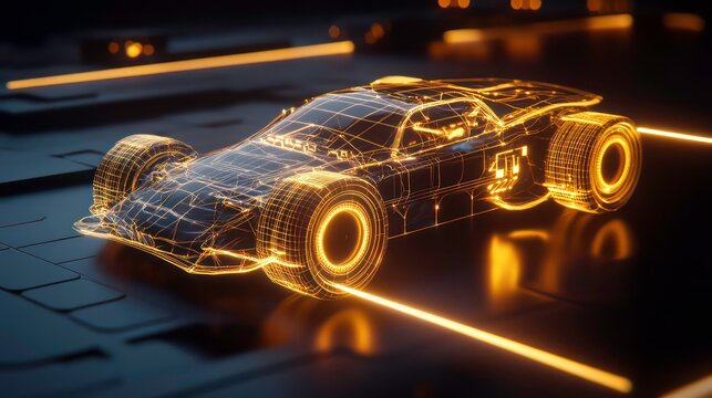 Futuristic wireframe sports car model glowing with orange neon lights on dark background.