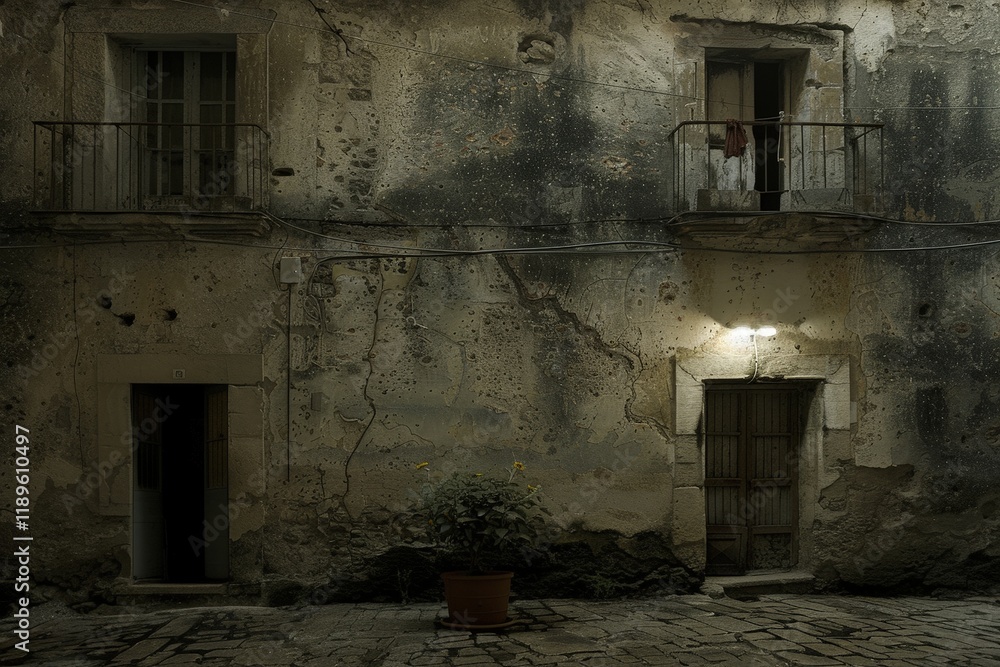 Poster a building with two doors and a window
