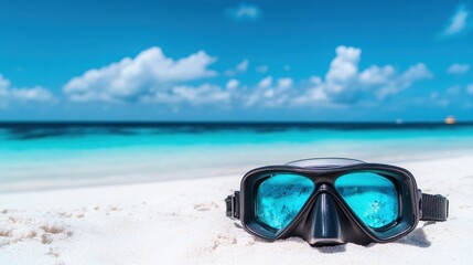 Diving mask on a tropical beach with turquoise water and blue sky.