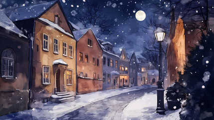 Obraz premium Christmas town, european houses street with falling snow. christmas watercolor houses on the background of the night sky with stars. Moonshard. Illustration