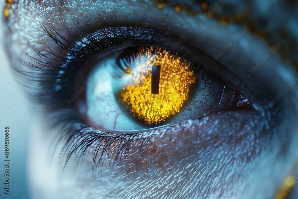 Poster an image of a hacker or ai robot operating in the dimly lit tech space, their cyborg vision piercing