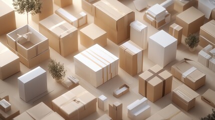 Fototapeta premium Cardboard boxes and miniature trees form a city landscape, representing delivery, logistics, or shipping.