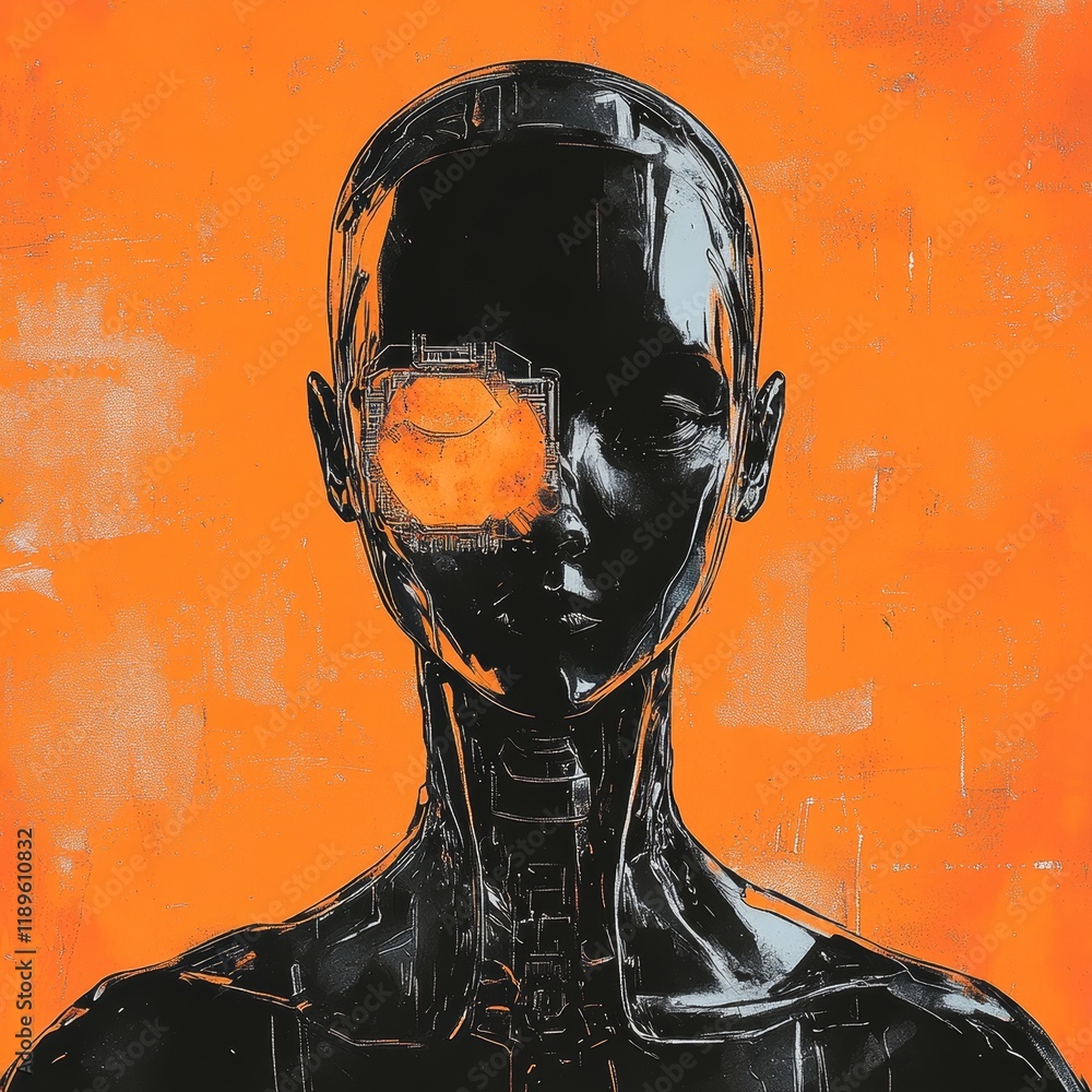Poster a digital rendering of a humanoid robot head with an abstract, fragmented design, symbolizing stock,