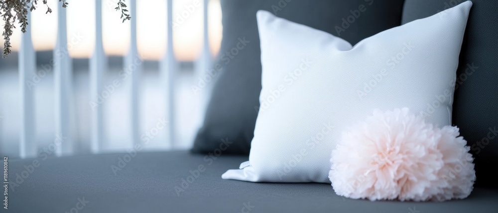 Poster white throw pillow on a gray couch. the pillow is square in shape and has a textured pattern on it. 