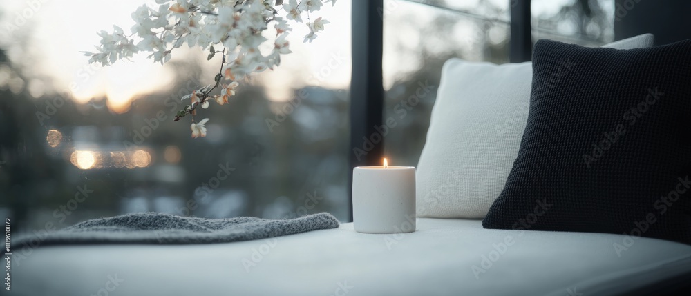 Poster white candle on a white couch with a black throw pillow on the right side. the couch is in front of 