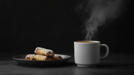 Steaming coffee cup beside sweet pastries on dark background.