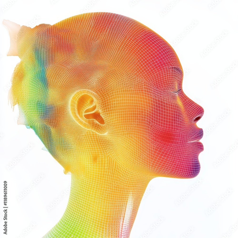 Poster cyber face depicting the digital age with neon colors and a grid pattern, on a transparent backgroun