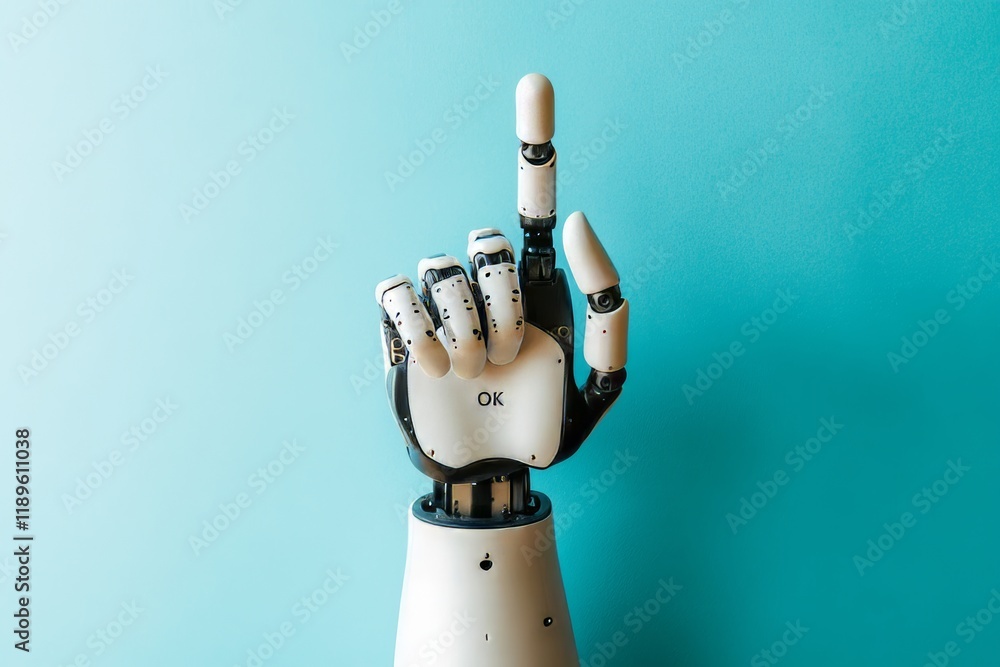 Poster the gesture indicated by the robot hand is okay. space for text.