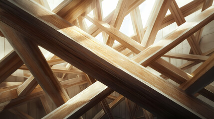 Construction of wood roof trusses using framing beam. Moonshard. Illustration