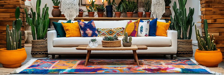 Bohemian sofa with colorful cushions, cacti, and natural accents
