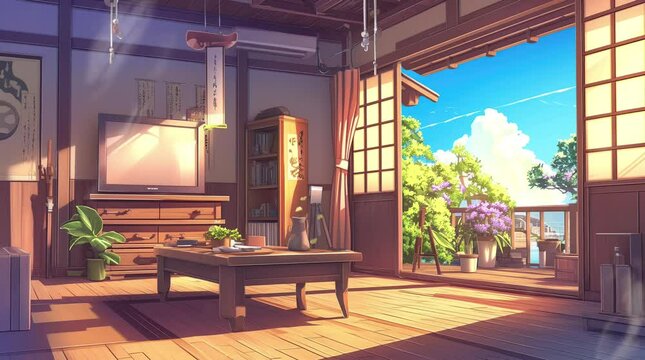 Traditional Japanese room with tatami flooring and warm evening light ambiance  
Seamless looping 4k time-lapse virtual video animation Generated AI