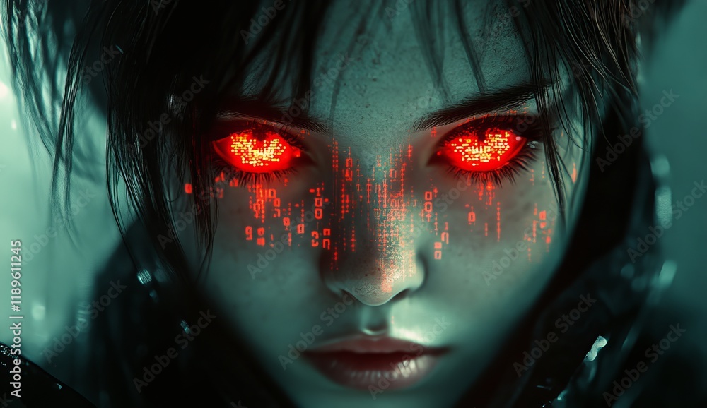 Poster detailed close-up of a gender-neutral ai face with red glowing eyes, embedded with binary code, show