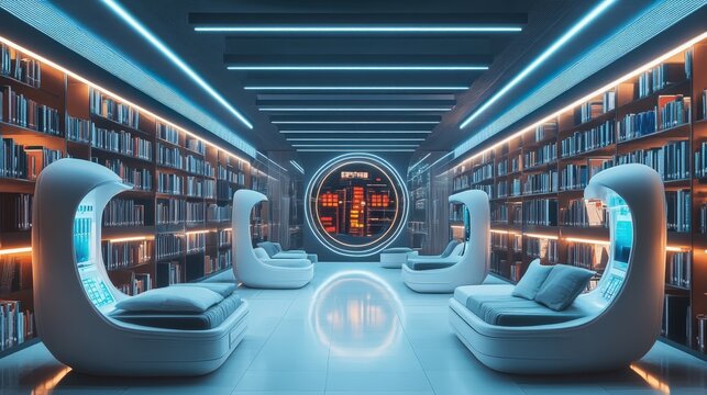 This cutting-edge library features books stored in a futuristic format, highlighted by sleek seating areas and bright LED lighting, promoting a welcoming and efficient reading environment