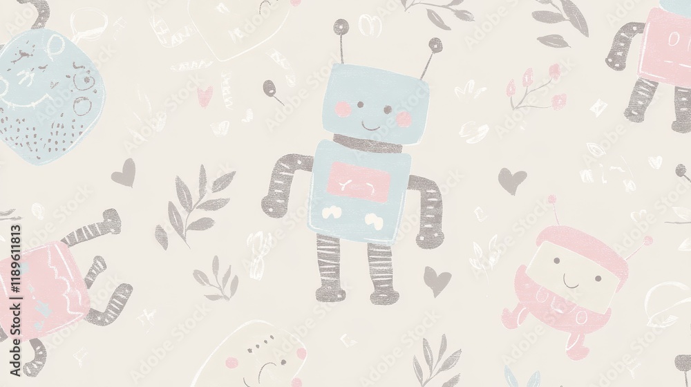 Poster a design featuring vibrant robots in a playful pattern on a soft background, perfect for children's 