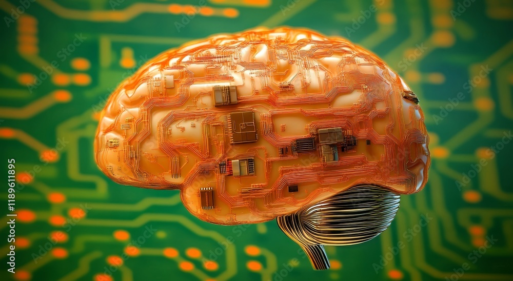 Poster a sophisticated human brain that combines human intelligence with machine learning, utilizing mechan