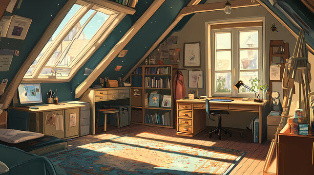 Girl bedroom interior on attic. vector cartoon mansard teenager room with unmade bed, workspace for study with desk and computer, books and pictures on wall. Moonshard. Illustration