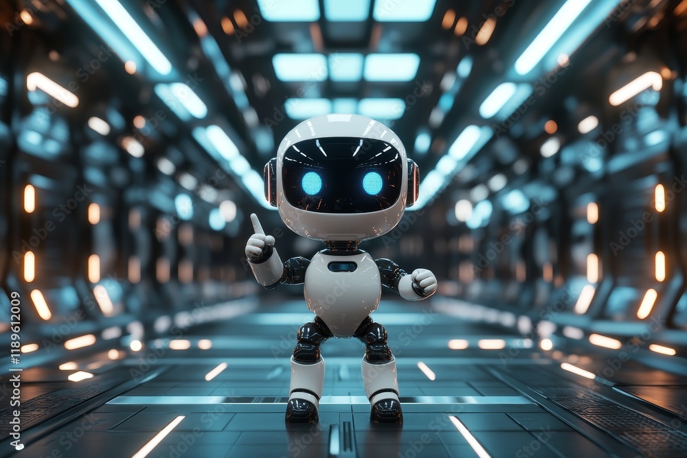 Poster a friendly, cute robot directing attention to space. copy space.