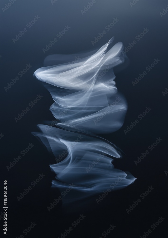 Poster abstract digital art piece with a dark blue background. in the center of the image, there is a white