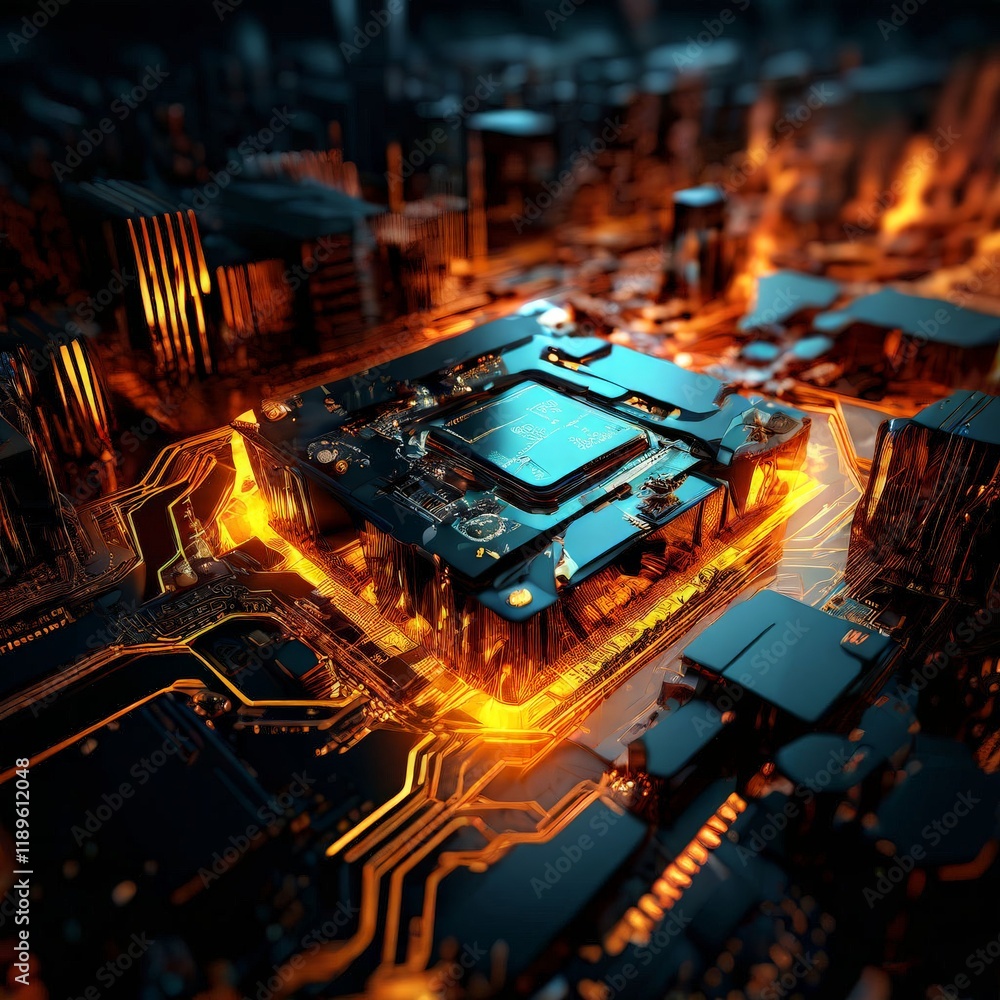 Aufkleber 3d illustration of computer motherboard and cpu chip with circuit board