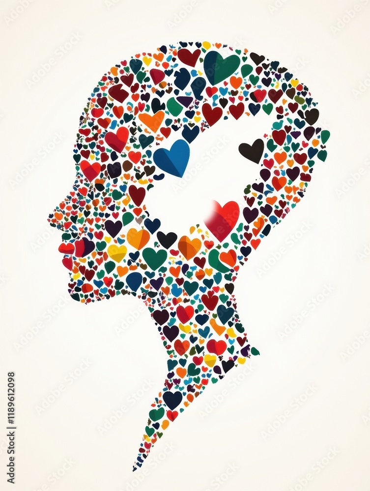 Poster colorful human face created from vibrant heart shaped icons representing emotions and connections. g