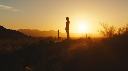 Fototapeta premium Silhouetted person standing on rocks, gazing at a vibrant sunset over a desert landscape with cacti.