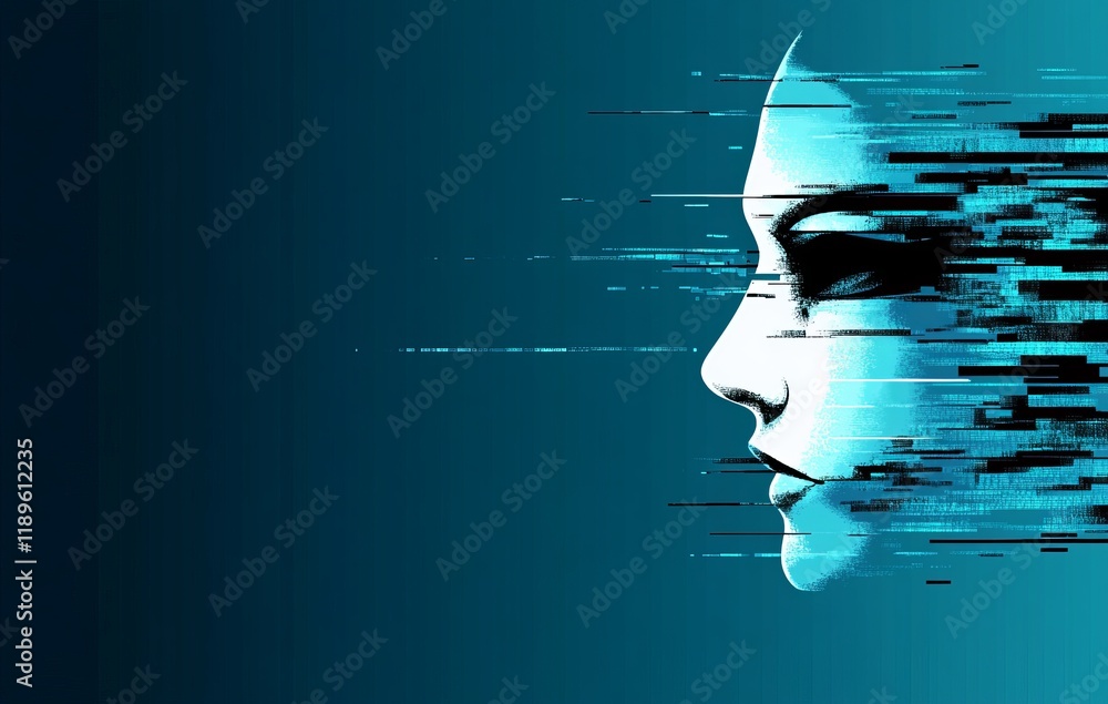 Poster a conceptual image of pixelated head silhouettes and visual glitches on a blue background, exploring