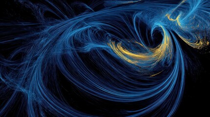 Naklejka premium Abstract swirling blue and gold fractal art on black background.
