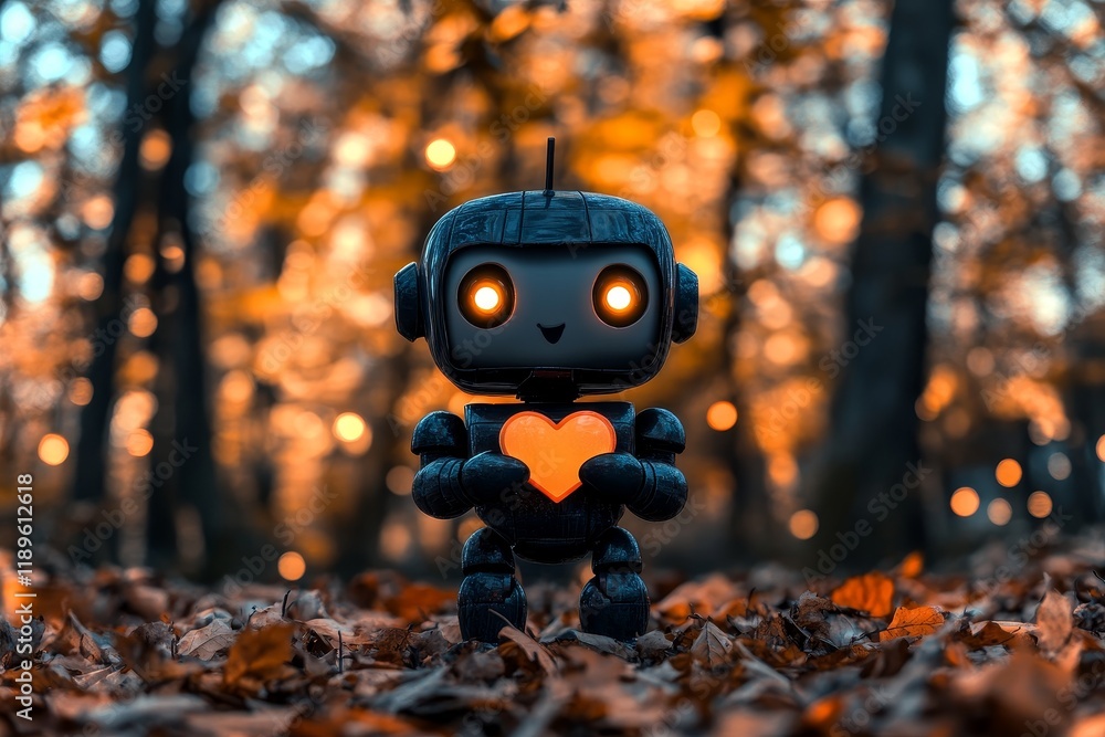 Poster a robot, covered in rust, holds a glowing heart as it stands on a wet path amid autumn leaves, frame