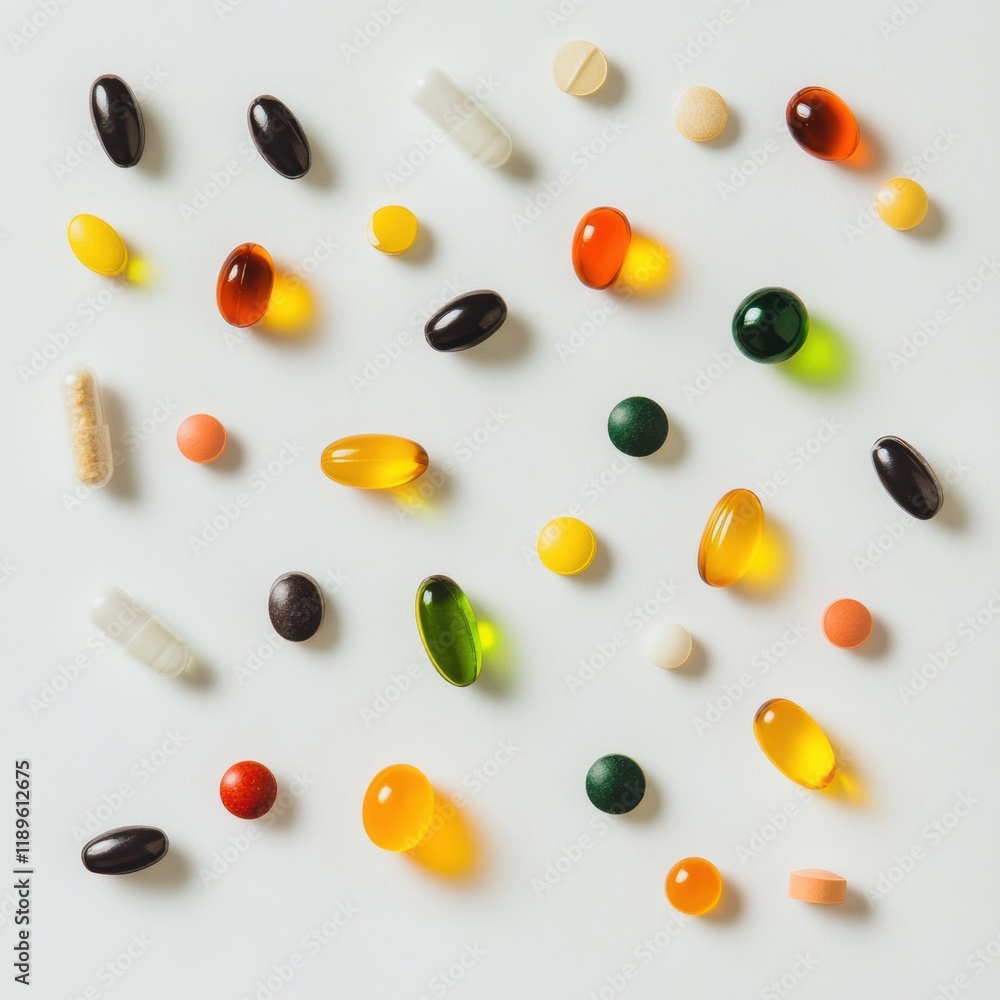 Poster colorful variety of pills and capsules arranged on a white background showcasing their shapes and co
