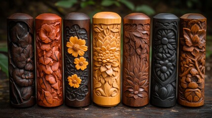 Handcrafted wooden sticks with intricate floral designs showcase traditional artistry and craftsmanship skills