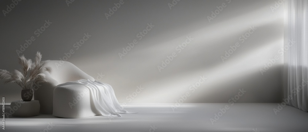 Poster modern and minimalist interior design of a room with a white color scheme. the room has a large wind