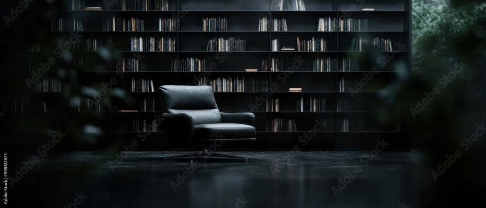 Poster dark room with a large bookshelf in the background. the bookshelves are filled with books of various