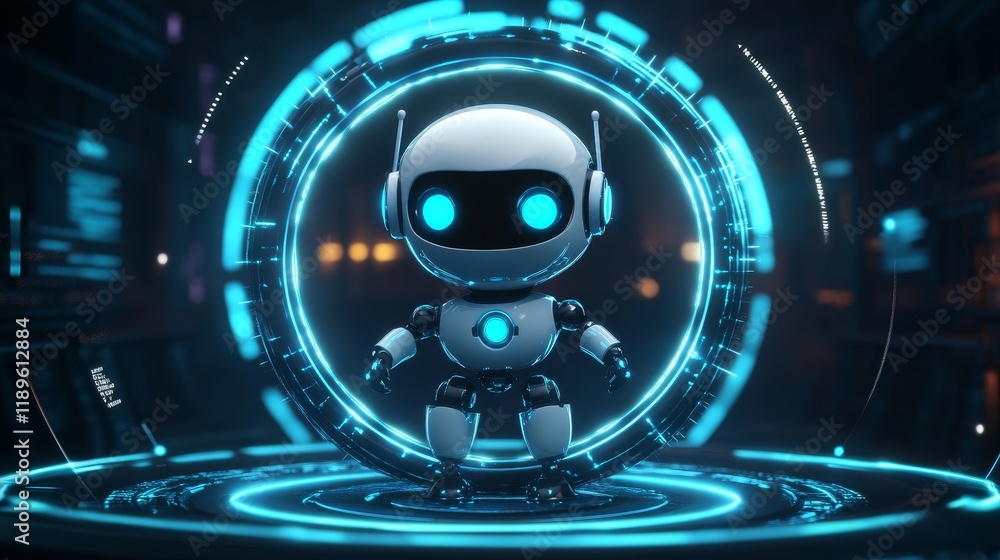 Poster a light blue neon portal serves as the foundation for a floating 3d abstract digital ai robot. the o
