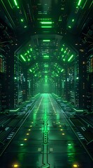 Futuristic green-lit corridor in sci-fi spaceship or cyber tunnel. Perfect for gaming backgrounds, technology concepts, or digital art projects.