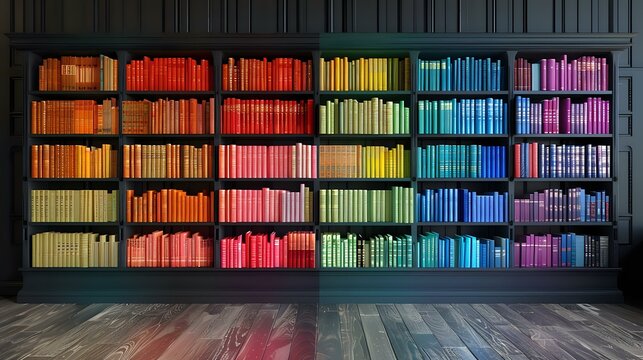 Rainbow colored books arranged by color spectrum on dark wooden shelves creating vibrant gradient display, perfect for education, library, or bookstore interior design concepts.