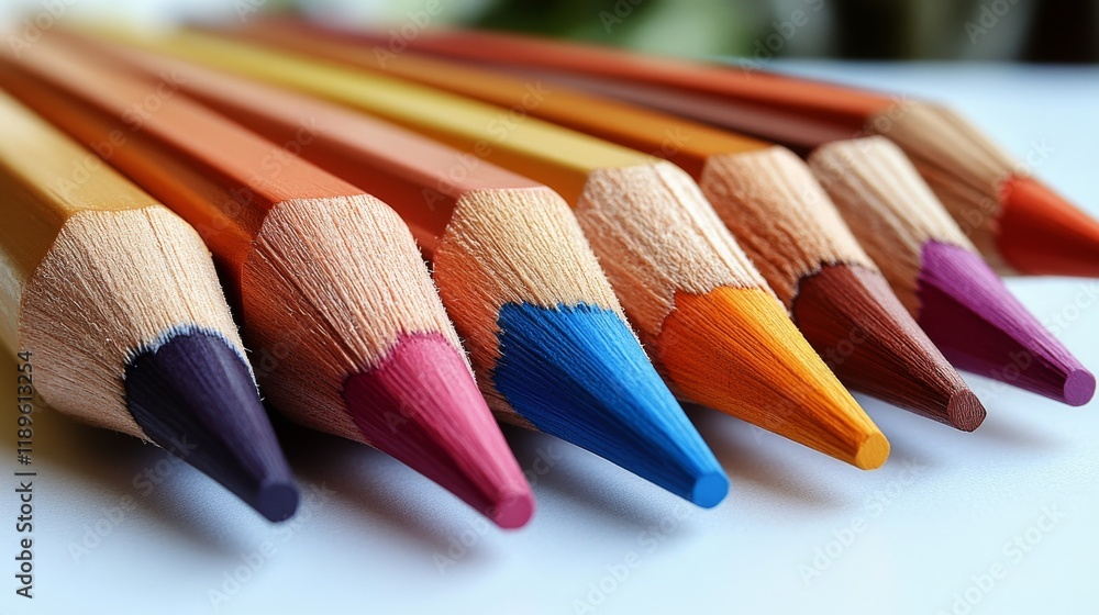 Poster vibrant colored pencils arranged in a neat row on a plain background