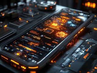 A futuristic smartphone displaying a high-tech interface with glowing elements.