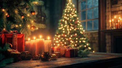 Obraz premium christmas tree and burning candles. christmas tree and gift boxes on wooden table