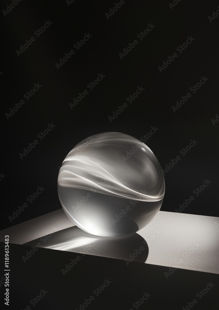 Poster black and white photograph of a spherical object on a reflective surface. the object appears to be m