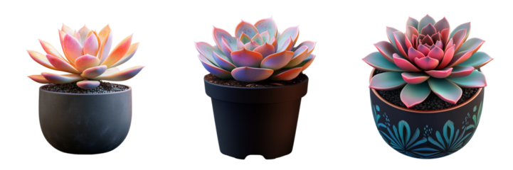 set of a Colorful gradient pot with a succulent plant isolated on a transparent background 