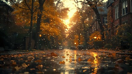 Magical autumn street view with golden sunlight breaking through trees and rain drops, creating reflections on wet pavement covered with fallen orange leaves, perfect for seasonal mood designs.