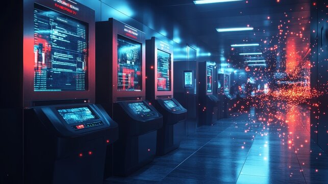 High-tech bank interior showcases advanced AI-powered smart ATMs with holographic displays and digital interfaces, creating a vibrant environment for banking activities and customer interactions