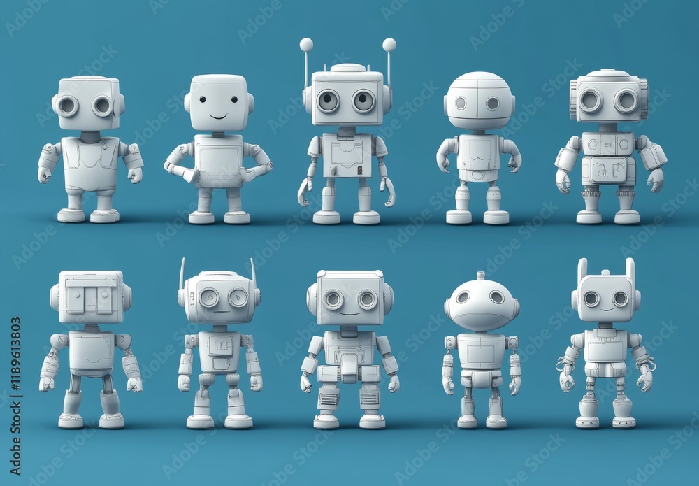 Poster animation features a comprehensive robot character set with different views, hairstyles, emotions, p