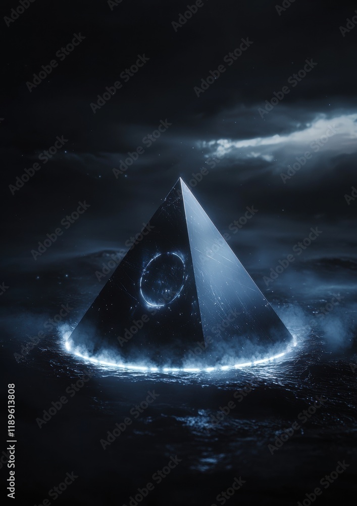 Poster digital illustration of a pyramid in the middle of the ocean at night. the pyramid is made up of a t