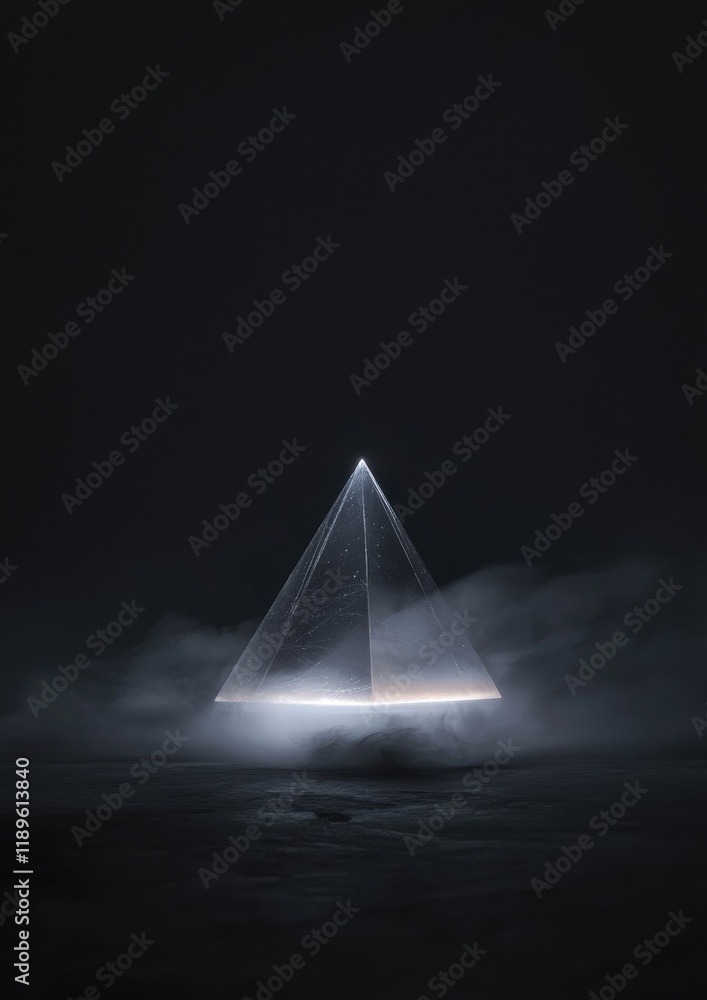 Poster photograph of a triangular prism in the middle of a dark, foggy landscape. the prism is made up of m