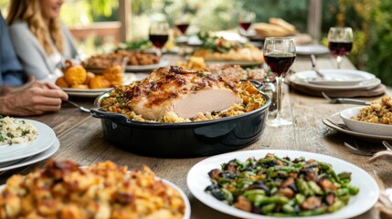 Obraz premium Thanksgiving feast with turkey, vegetables, and wine on rustic table