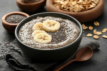 Healthy breakfast bowl with chia seeds, banana, and oats.