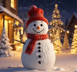 Snowman made of snow with festive ornaments under warm golden lights , nights, winter, festive